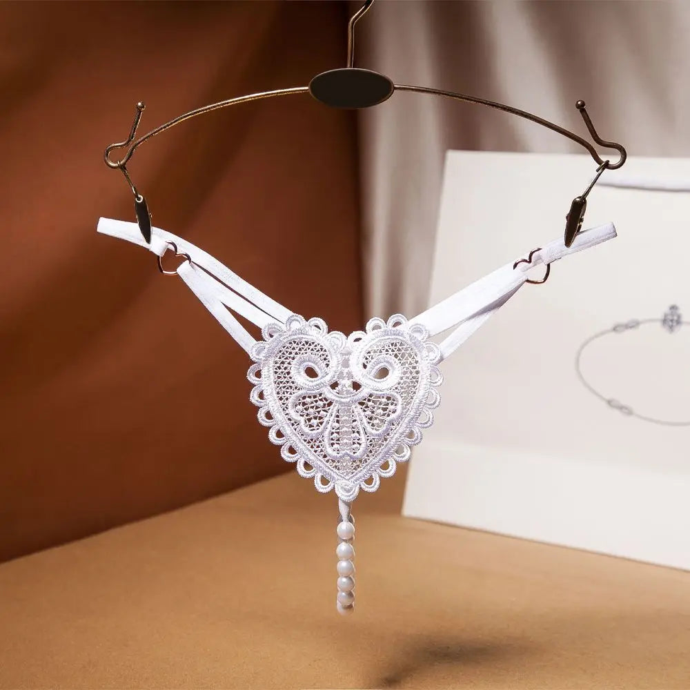 Sexy Heart Embroidery Pearl Thong for Women – Low Rise Lace Lingerie