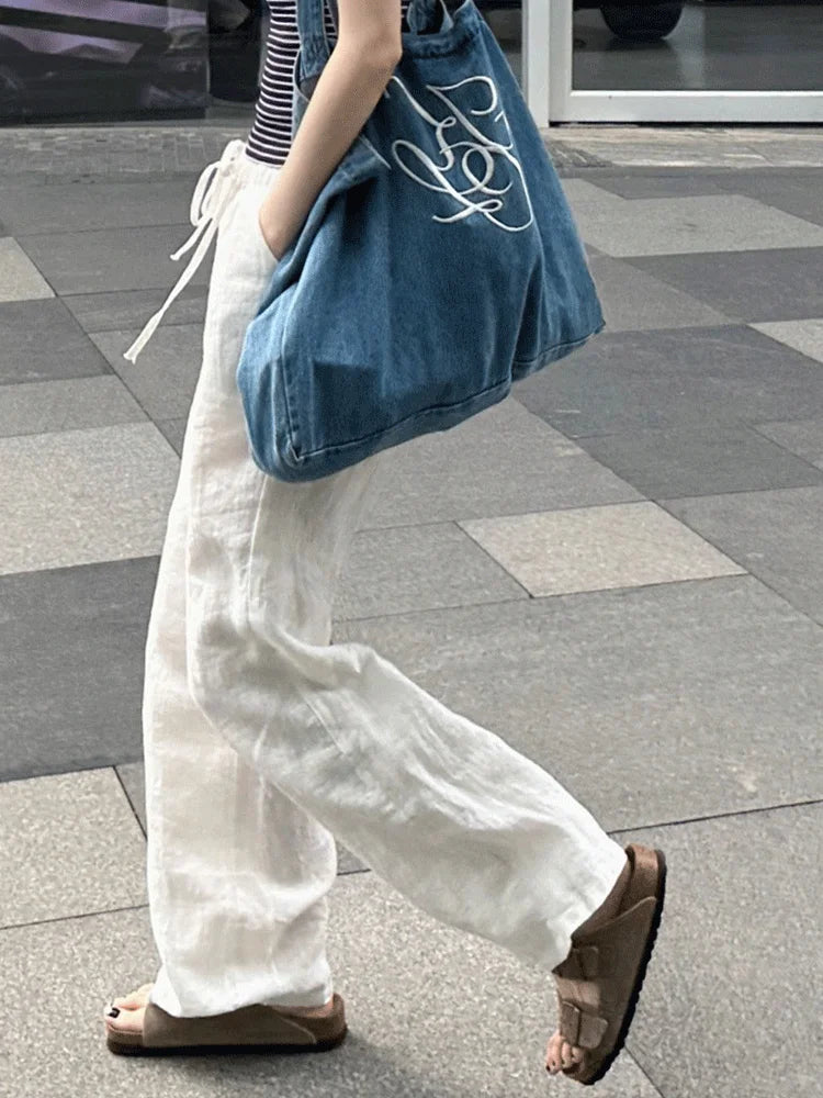 Casual High-Waist Cotton Linen Wide-Leg Trousers with Pockets