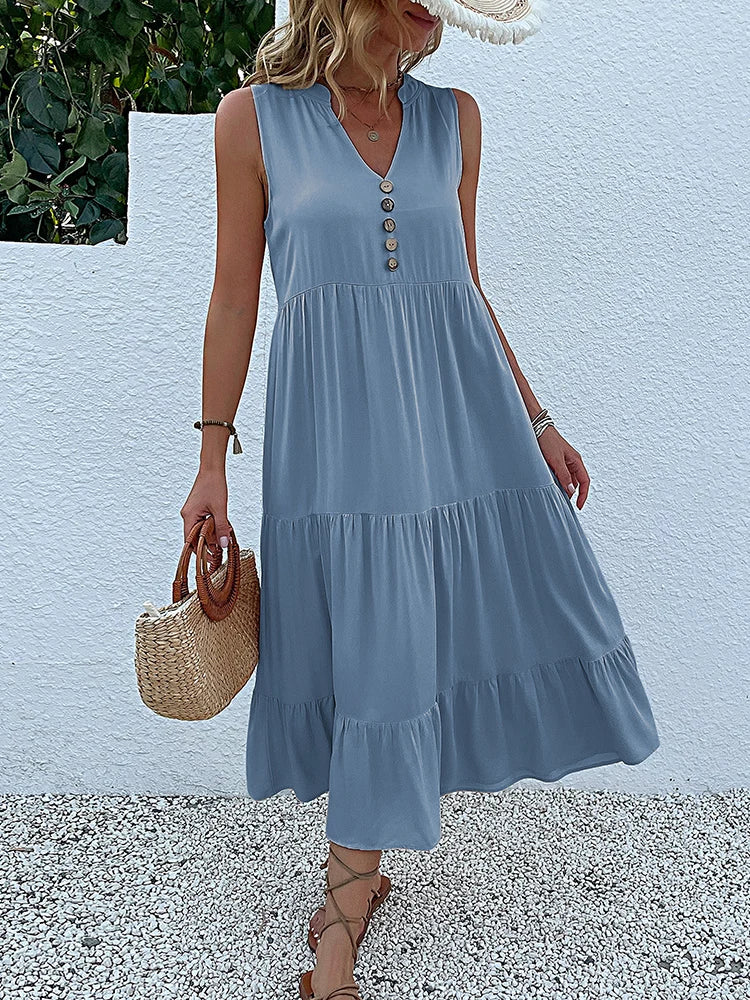 Sleeveless V Neck Midi Dress